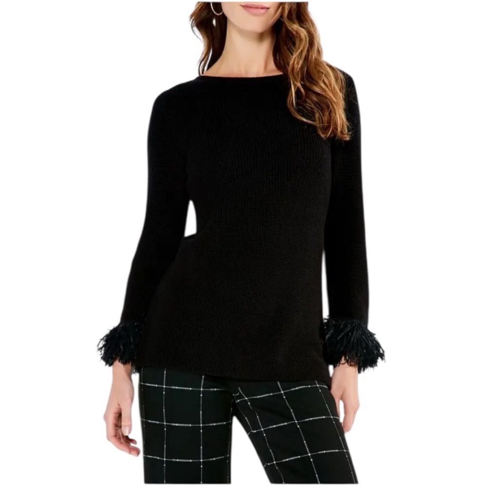 NIC+ZOE Fringed Cuff Sweater - Black Onyx Size XS